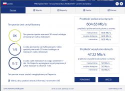 Ekran testu szybkości internetu z prędkościami pobierania i wysyłania danych.