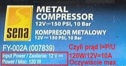 Etykieta kompresora Sena z danymi technicznymi i obliczeniem prądu 10 A