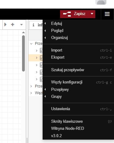 Options Menu in Node-RED Screenshot of the options menu in the Node-RED application with the menu expanded.