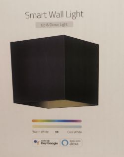 Modern wall light in a cuboid shape with WiFi support and RGB+CCT control.