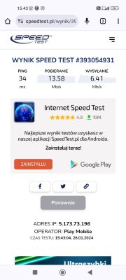 Zrzut ekranu z wynikami testu prędkości Internetu wykonany na SpeedTest.pl pokazujący ping 34 ms, pobieranie 13.58 Mb/s, wysyłanie 6.41 Mb/s.
