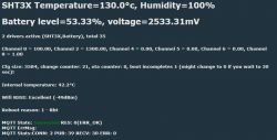 Screenshot showing SHT3X sensor data with temperature 130.0°C, humidity 100%, battery level 53.33%, and other parameters.