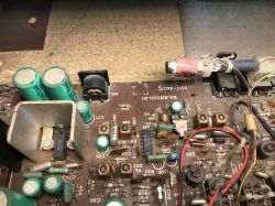Circuit Board of Unitra Sudety R-208 Radio Close-up of the radio's interior showing a circuit board and components.