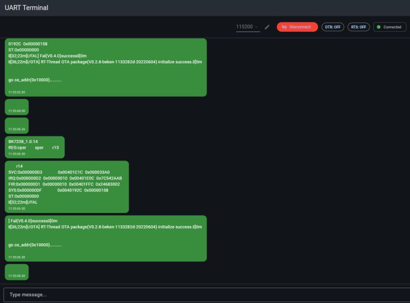 Screenshot of UART Terminal with green logs, DTR/RTS buttons, and Connected status