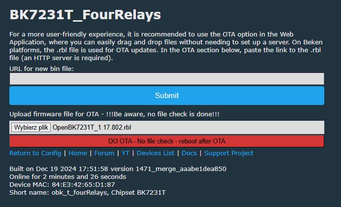 Screenshot of the firmware update interface for BK7231T_FourRelays.