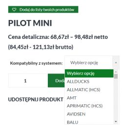Zrzut ekranu z listy wyboru kompatybilnych systemów do pilota MINI