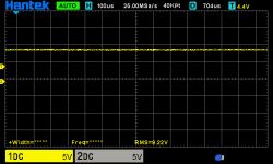 Zrzut z oscyloskopu pokazujący przebieg prądu stałego o RMS 9,22 V