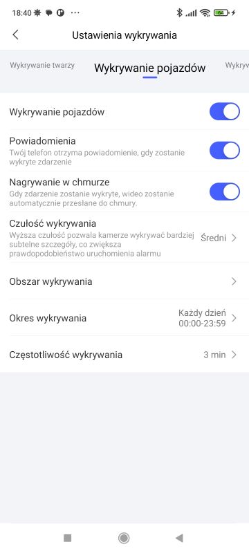 Ekran ustawień wykrywania pojazdów w aplikacji mobilnej do monitoringu