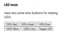 Screenshot of LED tools menu with six buttons: 100% Red, 100% Green, 100% Blue, 100% Warm, 100% Cool, Toggle LED.