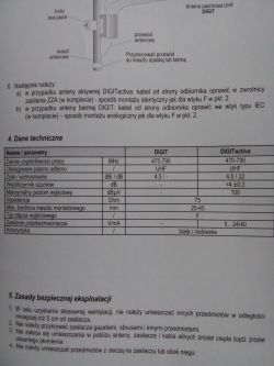 Instrukcja montażu anteny DIGITactiva marki Telmor wraz z tabelą parametrów technicznych.