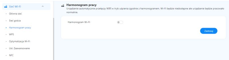 Ekran ustawień routera z wyłączoną opcją harmonogramu Wi-Fi