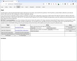 Screenshot of OpenBeken “Flash” page with options to read, download, and write RF/CFG data.