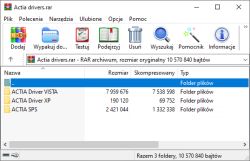 Okno programu WinRAR pokazujące archiwum Actia drivers.rar z trzema folderami sterowników.