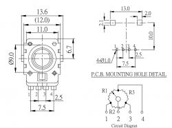 Schemat techniczny potencjometru z wymiarami i diagramem obwodu.