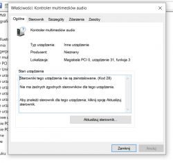 Zrzut ekranu okna właściwości Kontroler multimediów audio z informacją o braku zainstalowanych sterowników.