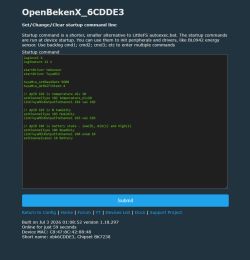 Screenshot of OpenBeken startup command editor with a code-like text box and a “Submit” button.
