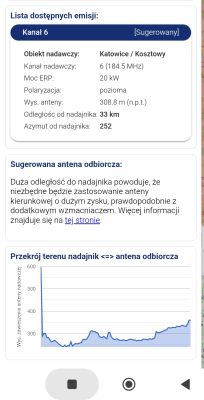 Zrzut ekranu z informacjami o emisji: Katowice/Kosztowy, kanał 6, 33 km oraz wykres profilu terenu