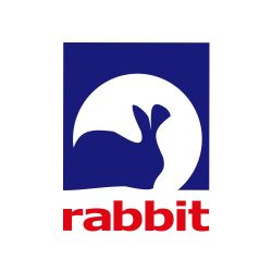 Logo firmy Rabbit z białym królikiem na niebieskim tle i czerwonym napisem „rabbit”.