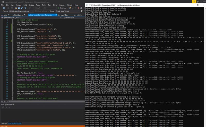 Screenshot of Visual Studio with source code on the left and a console window displaying debug logs on the right.