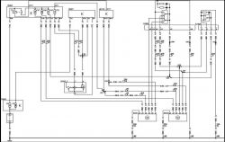 Schemat elektryczny z elementami takimi jak przełączniki, bezpieczniki i połączenia przewodowe.