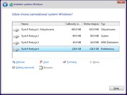 Zrzut ekranu z instalatora Windowsa pokazujący opcje partycji dyskowych na Dysku 0.