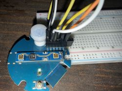 PIR sensor module connected to breadboard with jumper wires