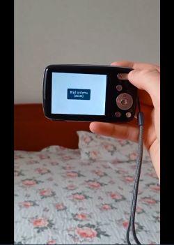 Ręka trzymająca aparat z wyświetlaczem pokazującym Błąd systemu (zoom).