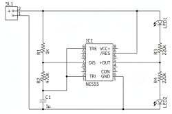 Schematic diagram using NE555, two LEDs, and resistors R1–R4