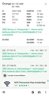 Zrzut ekranu z aplikacji pokazującej szczegóły sieci komórkowej 4G i 5G w Mosinie.
