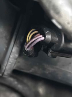 Zbliżenie na wtyczkę elektryczną z kilkoma kolorowymi przewodami w komorze silnika