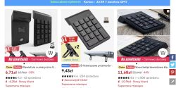Zrzut ekranu z ofertami tanich klawiatur numerycznych, przewodowych i bezprzewodowych, z cenami w złotych