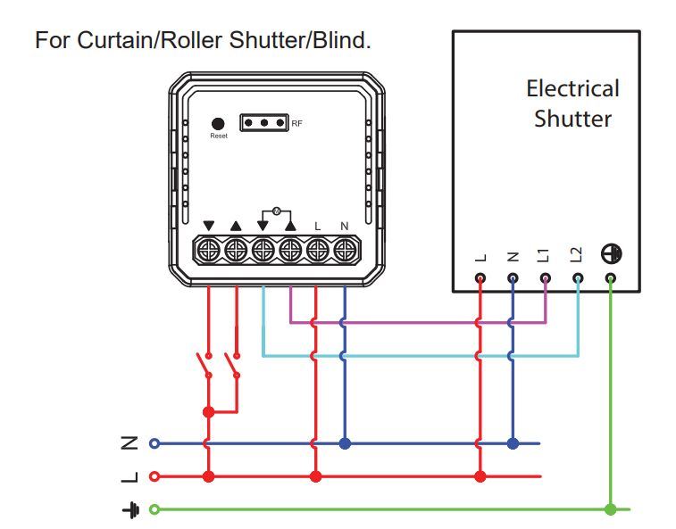 Wiring diagram for QS-WIFI-ECC02 module with shutter motor and push switches