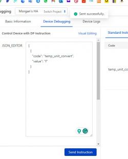 Device debugging interface with JSON instruction for changing temperature unit.
