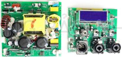 Dwie płytki drukowane z komponentami audio i zasilania, jedna z wyświetlaczem LCD