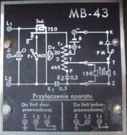 Schemat obwodów telefonu MB-43 z oznaczeniami zacisków.