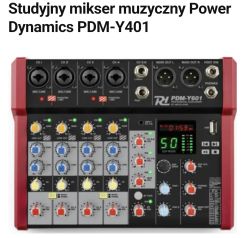 Mikser muzyczny Power Dynamics PDM-Y401 z widocznymi wejściami i pokrętłami na panelu przednim.