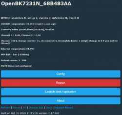 Screenshot of the OpenBK7231N user interface displaying DS1820 sensor data and system information.