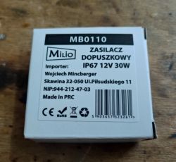 Opakowanie zasilacza dopuszkowego IP67 12V 30W.