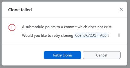 Error dialog: clone failed because a submodule points to a missing commit.