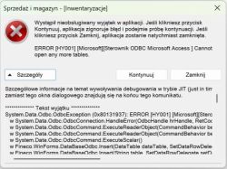 Komunikat błędu aplikacji z informacją o błędzie ODBC i niedostępnych tabelach.