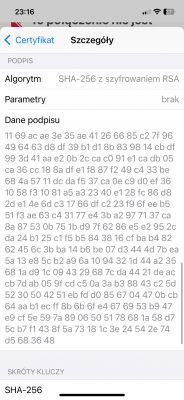 Zrzut ekranu szczegółów certyfikatu na iPhone, pokazujący algorytm podpisu SHA-256 z szyfrowaniem RSA.