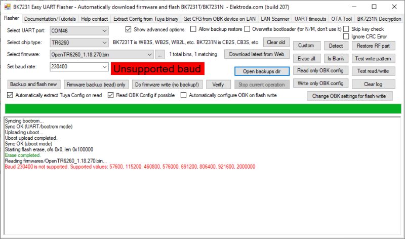 Screenshot of BK7231 Easy UART Flasher showing “Unsupported baud” at 230400