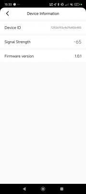 Device information screen showing ID, signal strength, and firmware version.