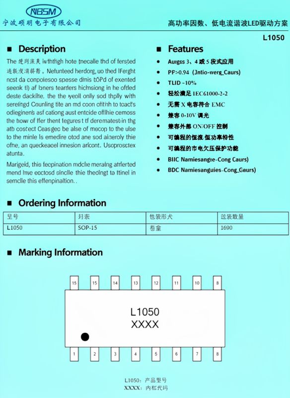 Screenshot of L1050 datasheet showing description, features, ordering, and marking info