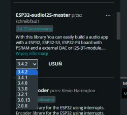 Library version menu for ESP32-audioI2S with dropdown list of versions