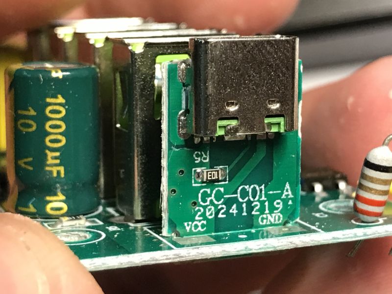 Close-up of USB-C port on GC-C01-A circuit board with components and labels visible