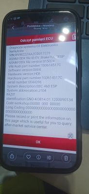 Ekran telefonu z danymi diagnostycznymi ECU hamulców VW/Audi, w tym VIN i numer części 1S0614517C