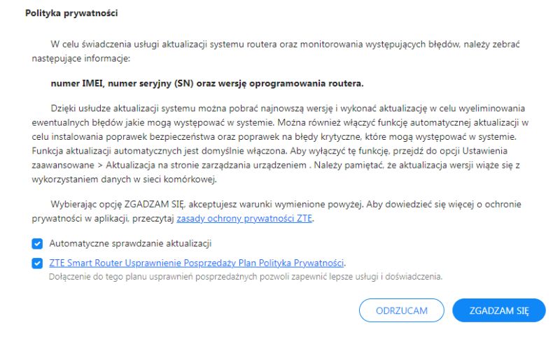 Okno polityki prywatności routera ZTE z opcją akceptacji lub odrzucenia.