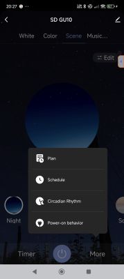 SD GU10 Smart Lighting Control Screen SD GU10 smart lighting control app screen with scheduling options.