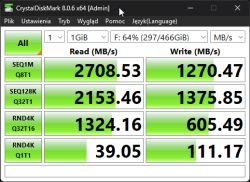 Zrzut ekranu programu CrystalDiskMark pokazujący wyniki testu wydajności dysku SSD.